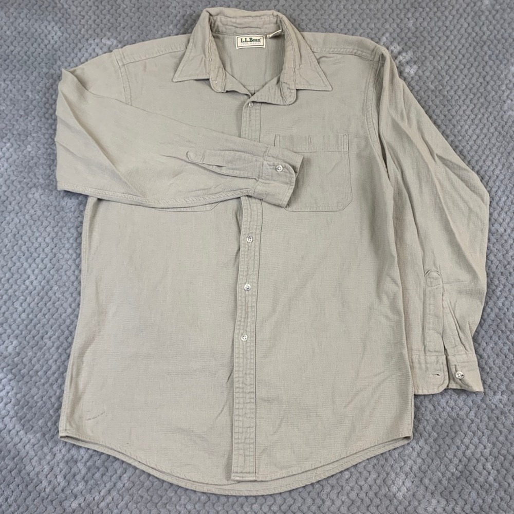 LL Bean Cool Weave Mens Medium Khaki Cotton Long Sleeve Button Down Shirt - Picture 2 of 9